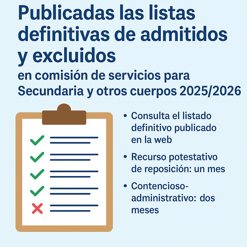Publicadas las listas definitivas de admitidos y excluidos en comisión de servicios para Secundaria y otros cuerpos 2025/2026