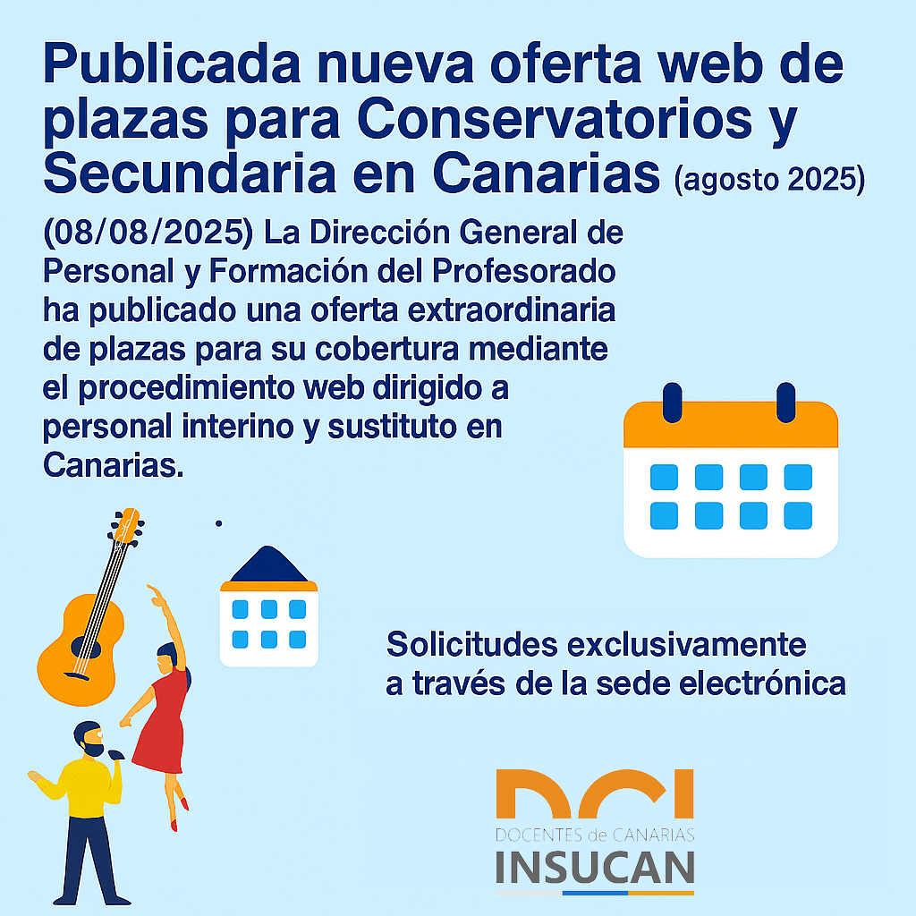 Publicada nueva oferta web de plazas para Conservatorios y Secundaria en Canarias (agosto 2025)